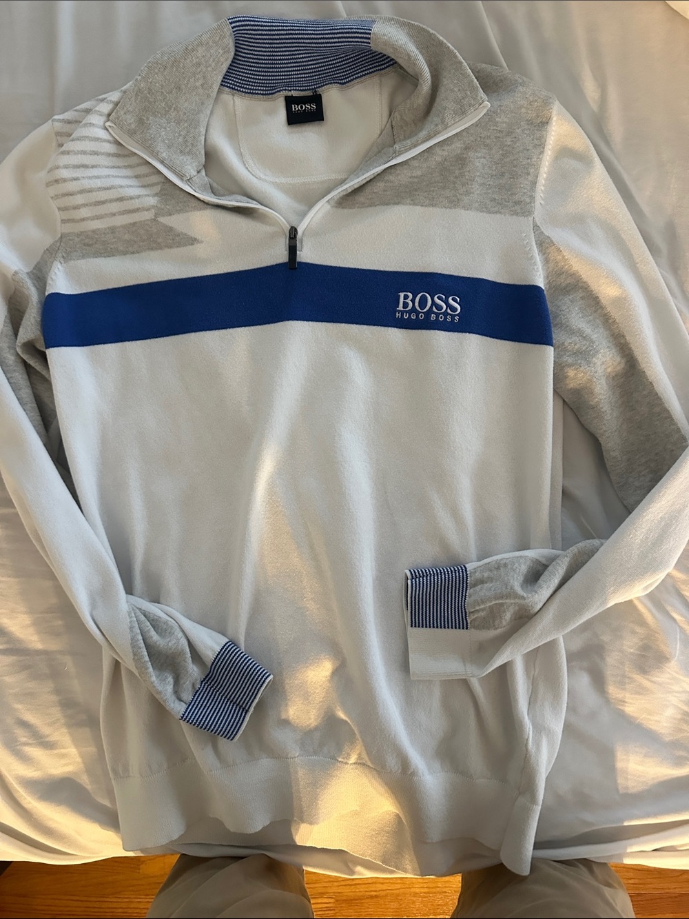 Hugo Boss White and Blue Zip-Up Sweater with Gray Accents